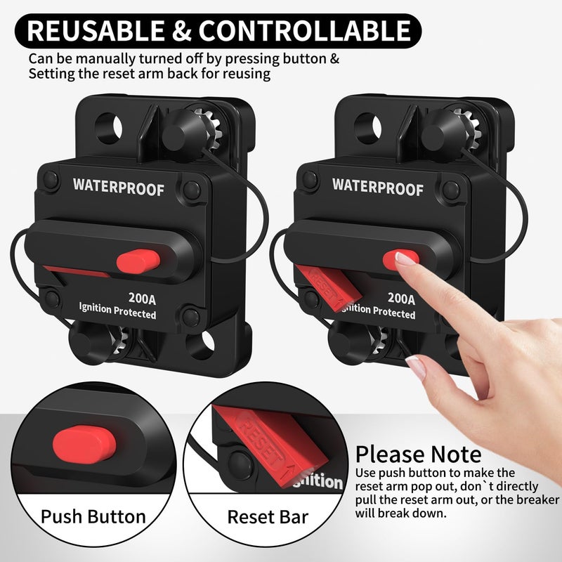 DAIERTEK 12V Circuit Breaker 200A, 12 Volt 200 Amp Circuit Breakers Waterproof Resettable Marine Circuit Breaker for Car Auto -2Pack - Image 4